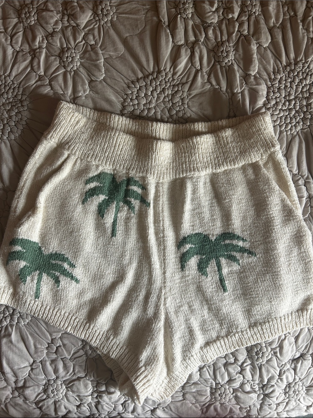 Anthropologie Cream Knit Shorts with Green Palm Motif